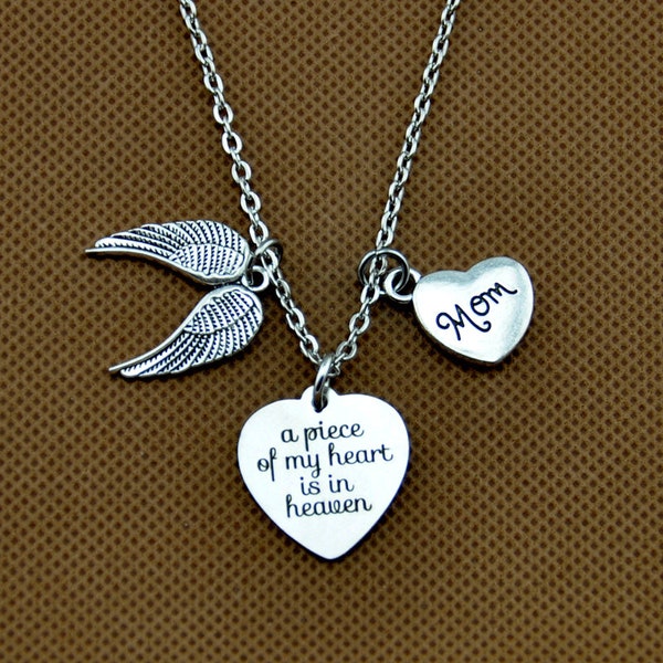 Angel Wing Necklace, Memorial  Necklace,A piece of my heart is in Heaven Sympathy Gift Loss of Mom/Daughter/ Grandpa /Dad/ Son/ Brother