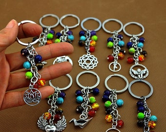Seven Chakra Keyring,Natural 7 Chakra Key Ring ,8mm Handmade Natural Genuine Gemstones Key Chain.Yoga Keychain,spiritual gifts