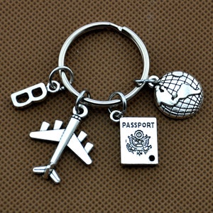 Travel Gift, Traveler Gift,Passport keychain,Globe and airplane keychain, Hand Stamped Keyring, Travel Keychain,Birthstone Keychain