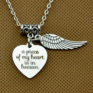 A Piece of My Heart is in Heaven Necklace, Memorial Necklace, Memorial Jewelry, Angel Wing Charm, Memorial Gift, Sympathy Gift, Personalized