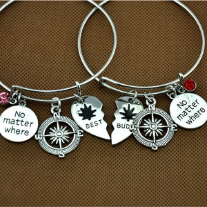 set of 2 Best Buds bangle, Compass Bracelet Friendship Bracelet Best Friend Bracelet No Matter Where Friends Bracelet, Friendship gift