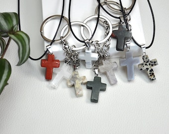 Collier pendentif croix en cristal naturel, collier en pierre sculptée, bijoux croix - cadeau croix, porte-clés croix, accessoire de sac, collier de pierres précieuses