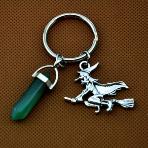 Crystal Keychain, Sorceress riding a broom keychain,Crystal Pendant Keychain, Gemstone Keychain,Quartz Keychain,Witch keychain gifts