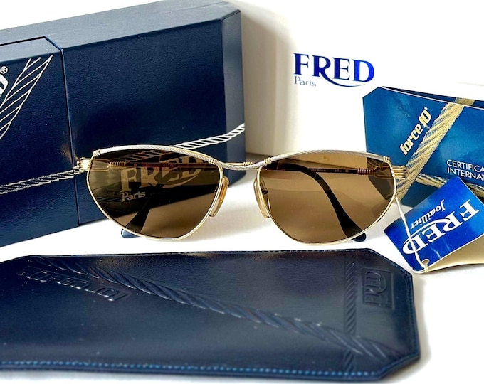 Vintage Fred Force 10 Alizé 18k Yellow Gold Sunglasses Full Set New Old Stock Made in France in 1989