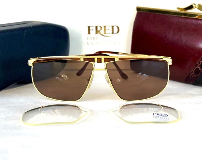 Vintage Fred Ocean Force 10 Sunglasses 22K Gold New Old Stock Full Set Made in France in the 1980s