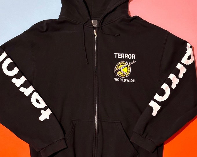 Vintage Terror Worldwide Zip Hoodie Kid Tested Mother Approved Don Rock Size L Made in Europe in the 1990s