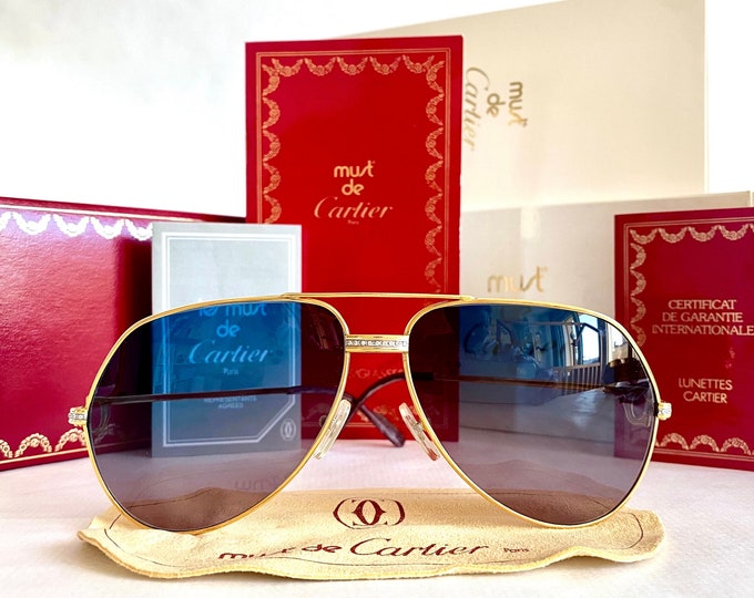 Vintage 1980s Cartier Vendôme «Grand Pavage» 22k Gold Custom Sunglasses – Full Set – Size 62 – Made in France