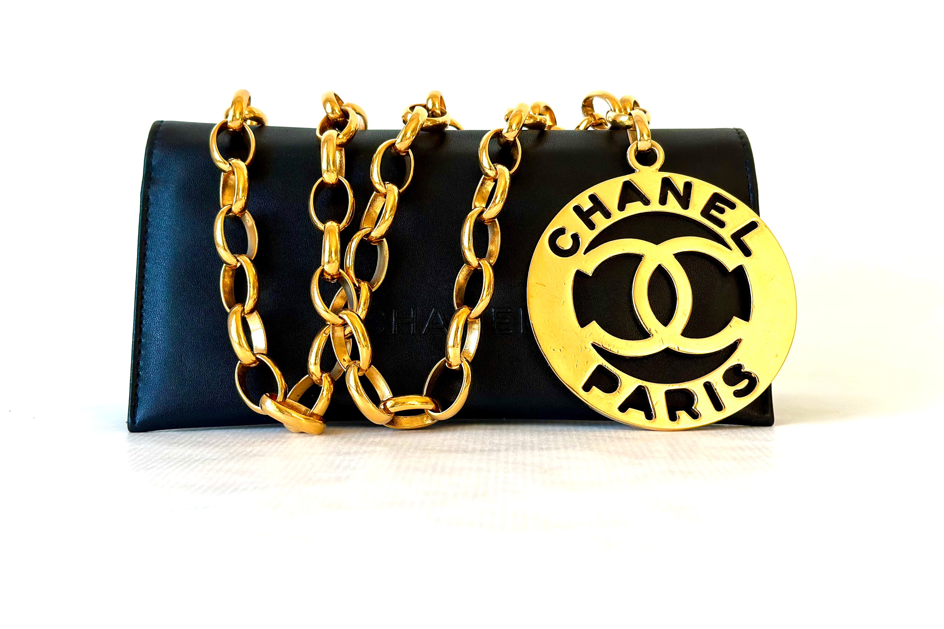 Vintage Chanel Paris Cutout Medallion Chain Belt Gold Plated Made in France  in the 1990s