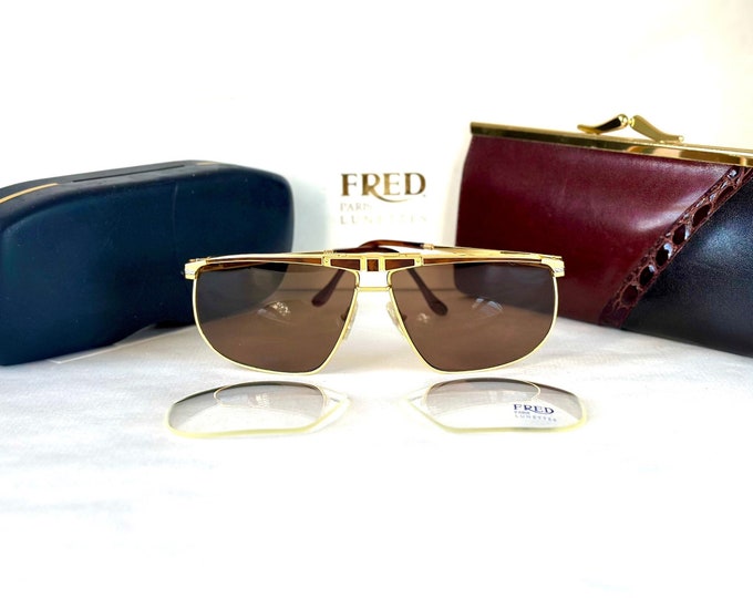 Vintage Fred Ocean Force 10 Sunglasses 22K Gold New Old Stock Full Set Made in France in the 1980s