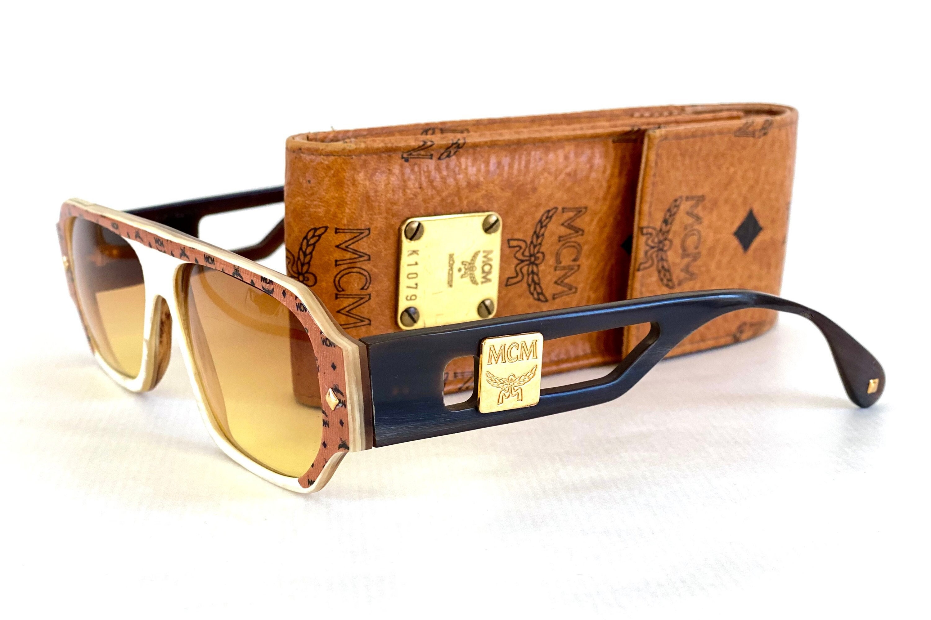 Vintage MCM G8 Genuine Buffalo Horn Sunglasses Including MCM Cognac Visetos  Genuine Leather Case Made in West Germany in the 1980s