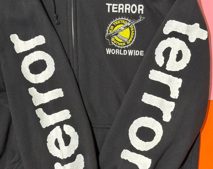 Vintage Terror Worldwide Zip Hoodie Kid Tested Mother Approved Don Rock Size L Made in Europe in the 1990s
