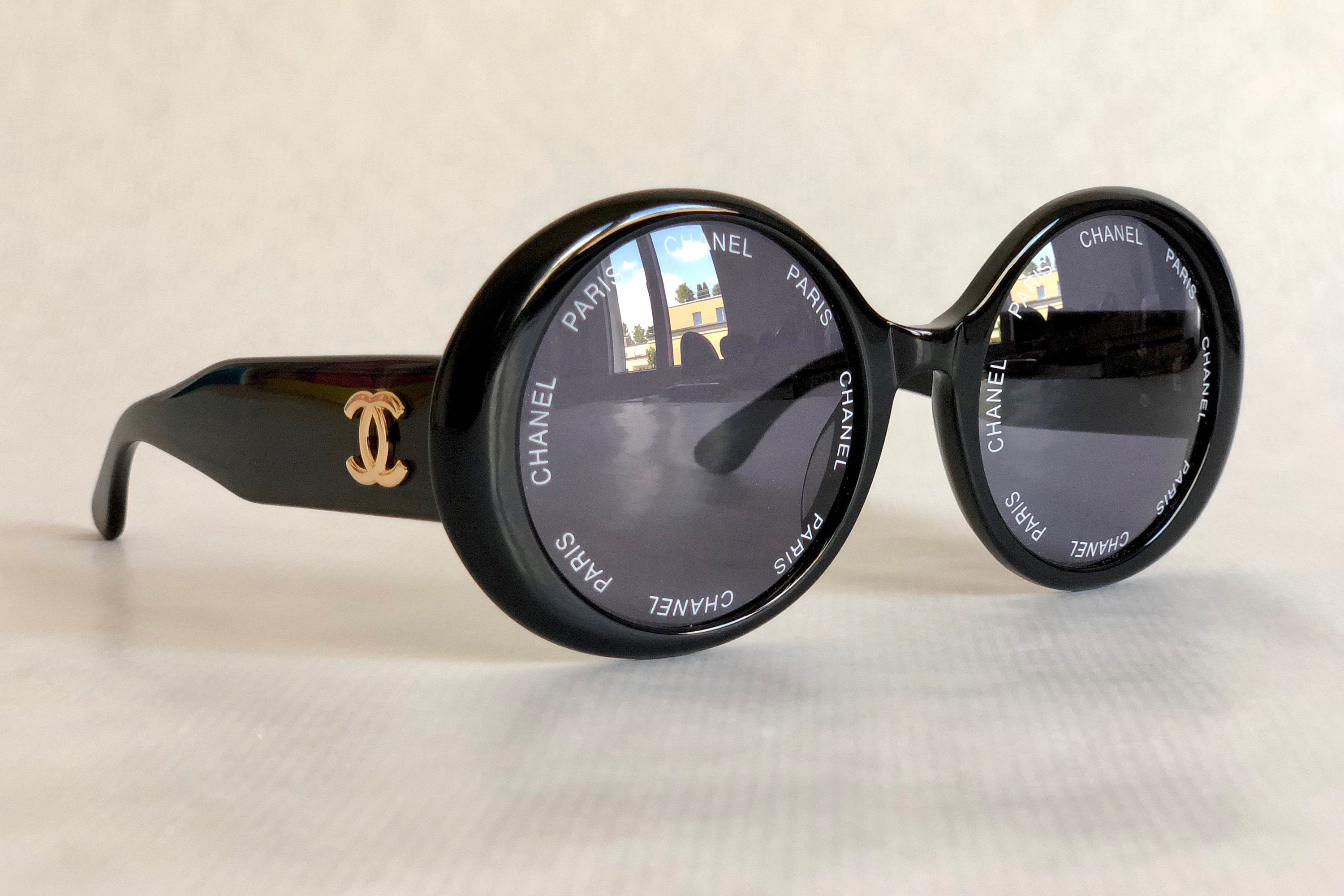 Vintage 1993 Iconic CHANEL PARIS Spelled Narrow Frame Black Sunglasses