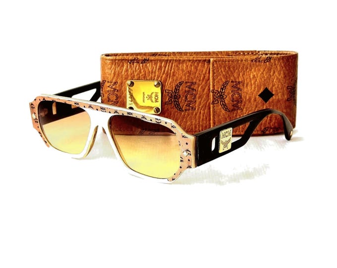 Vintage MCM Sunglasses Buffalo Horn Cognac Visetos Leather Case West Germany 1980s