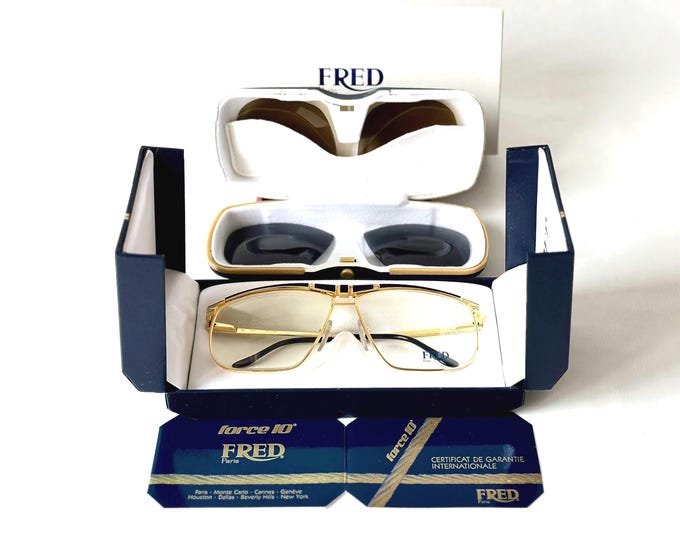 Vintage Fred Ocean Sunglasses New Old Stock 18K Yellow Gold Full Set Force 10 Made in France in the 1980s