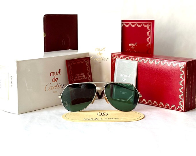 Vintage Cartier Vendôme Santos Palladium Sunglasses Full Set New Old Stock 24k Gold Size Large Made in France in the 1980s