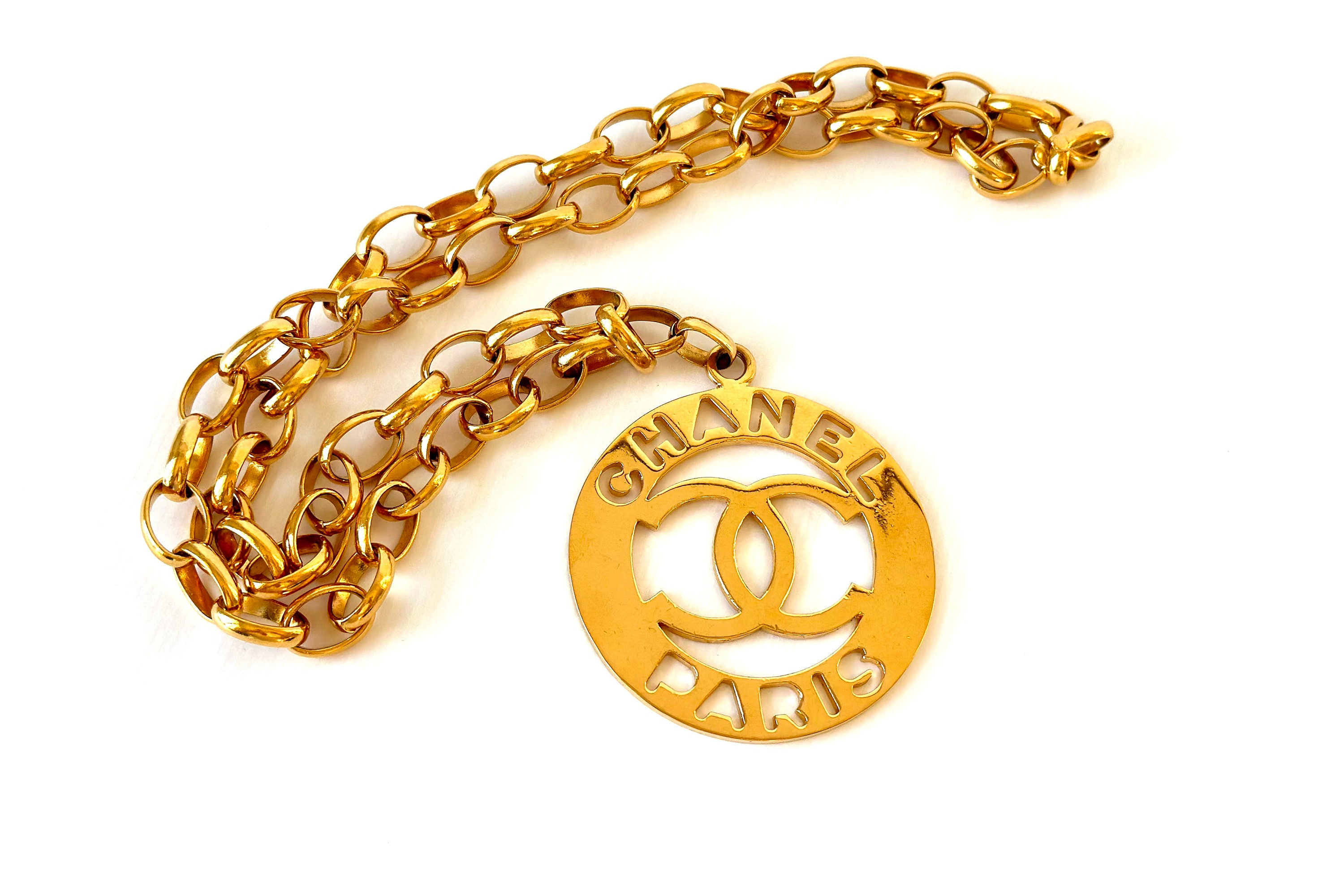 Vintage Chanel Paris Cutout Medallion Chain Belt Gold Plated Made in France  in the 1990s