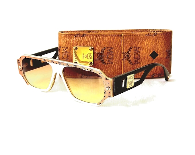 Vintage MCM Sunglasses Buffalo Horn Cognac Visetos Leather Case West Germany 1980s