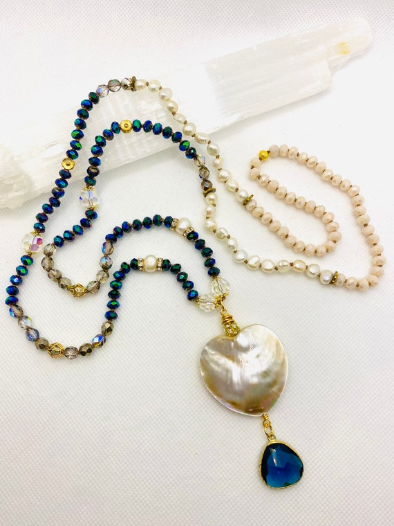 Long Crystal Necklace Silk Knotted Gift for Her Boho Luxe Jewellery Mother of Pearl Handmade Jewellery One of A Kind Necklace