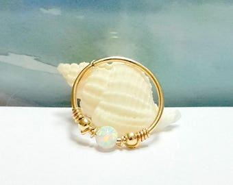 14K Solid Gold Fire Opal Helix Hoop Earring: Conch, Tragus, Daith, 24-16gauge,October's Birthstone