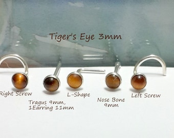 Tiger's Eye Nose Stud: 925 Sterling Silver, Gemstone,Screw, Bone,L-Shaped, June Birthstone