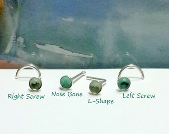 Natural Green Tourmaline 2-3mm Nose stud, 16g 18g 20g 22g 24g, Silver Nose Screw, Nose Bone, L-Shaped, Silver Nose Stud, New Year Gift