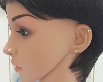 14K Solid Gold Butterfly Stud: Tragus, Nose, Helix Piercing