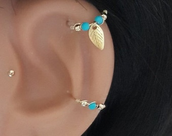 Gold Leaf Helix Earring: Turquoise Cartilage Hoop, 14k Gold Filled, 22-16 gauge, January's Birthstone