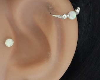 Helix Earring - Fire Opal 3mm Cartilage Earring - Septum-October's Birthstone-Silver Opal Helix Hoop-16G 18G 20G 22G-Fathers Day-Summer Sale