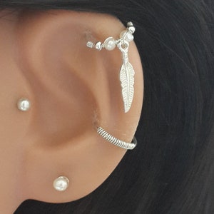 Wedding Gift Tribal Feather Sterling Silver Pearl Earrings, Feather Silver Helix Hoop, Cartilage  Earring, Bohemian Jewelry,16G 18G 20G 22G