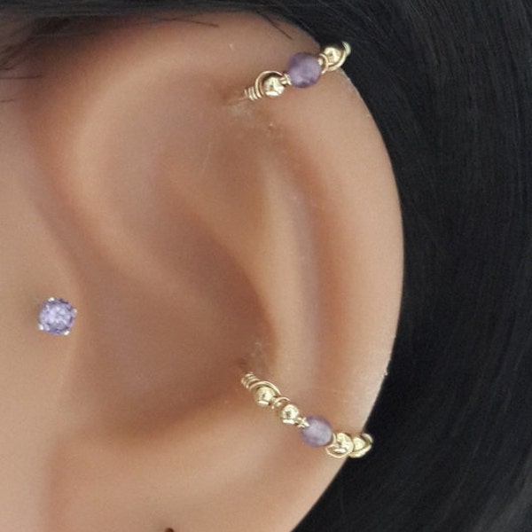 Natural Amethyst 2-3mm Conch Ring- Gold Conch Hoop- Silver Conch Piercing- February Birthstone-16-22 Gauge- 11-16mm Inner Diameter