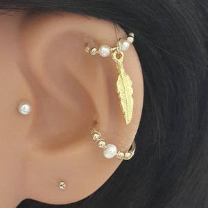 Feather Pendant Gold Freshwater Pearl Hoop,Silver Hoop Earring, Helix ,Conch,Piercing,Cartilage Earring,16g 18g 20g 22g,Black Friday, Sale