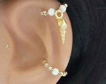 Gold Sea Shell Cartilage Hoop Earring, White Opal Helix Hoop, Upper Ear Piercing, Gold Filled Helix Ring,16G 18G 20G 22G, Summer Sale, Gifts