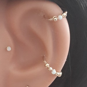 SALE White Opal 2mm Helix Earring-Gold Beaded Cartilage Hoop Silver Helix Piercing October's Birthstone 20g, 22g, 24g Gift image 1