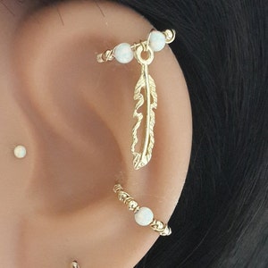Feder Opal Ohrring, Ohrhänger Feder Helix Hoop, Silber Opal Sonne Knorpel Ohrring, Boho Schmuck, 16g 18g 20g 22g,Opal Eis Tiny Hoop