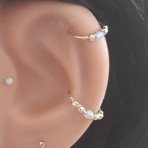 20g 22g 24g  14K Solid Yellow Gold Opal 2mm Helix Hoop, Cartilage Piercing,Tiny Nose,Tragus Hoop, 7-12mm Inner Diameter,October's Birthstone