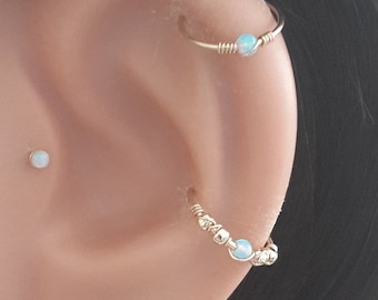 Light-Blue Opal 2mm Helix Earring-Gold Beaded Cartilage Hoop- Silver Helix Piercing- October&#39;s Birthstone- 24g 22g 20g - Jewelry Gift