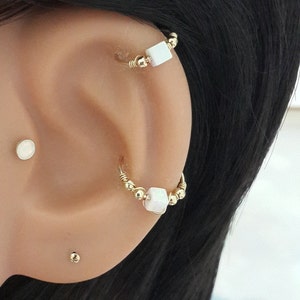 Cube White Opal 3mm Cartilage piercing - Helix Hoop -Square Opal Helix Ring- October's Birthstone - 16-22 Gauge - 7-12mm Inner Diameter