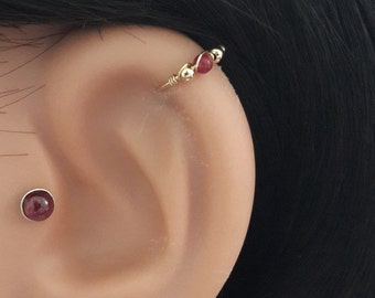 Garnet Cartilage Earring: 14k Gold Filled Helix Piercing,24-16 gauge, Handcrafted