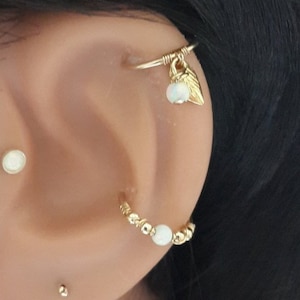 White Opal Gold Leaf Cartilage Earring,16g 18g 20g 22g 24G,Gold Helix Hoop,Opal Hoop,October's Birthstone,Holiday Sale