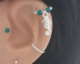 Sea Horse Sterling Silver Cartilage Earring, Tiny Opal Cartilage Hoop, Gold Filled Helix Piercing,  16G 18G 20G 22G, Nautical Jewelry, Gifts