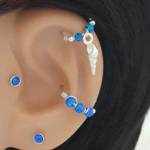 Silber Meer Muschel Knorpel Reifen, Feuer blau Opal 2-3mm Helix Reifen, Oberohr Piercing, 925 Silber Helix Ring, 16G 18G 20G 22G, Sommer Verkauf