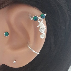 Pendiente de cartílago de plata de ley de sea horse, aro de cartílago de ópalo diminuto, piercing de hélice relleno de oro, 16G 18G 20G 22G, joyería náutica, regalos