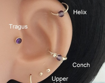 Amethyst 14K Gold Filled Twisted Hoop: Helix, Tragus, Septum Ring