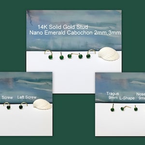 Nano Emerald 2-3mm ,24G 22G 20G 18G 16G, 14K Solid  Yellow White Rose Gold Nose,Tragus,Helix,Lobe Stud,Screw,Bone,L-Shaped, May's Birthstone