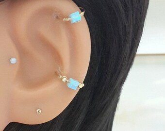 Gold Filled Conch Hoop Earring: Light-Blue Opal, Square Piercing (16G-22G)