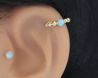 Holiday Gift-Light-Blue Opal Cartilage Earring- Gold Beaded Helix Hoop-16g 18g 20g 22g- Silver Cartilage Piercing- Helix Jewelry-Best Gifts