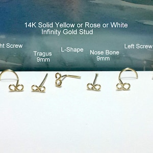 May include: Five 14K gold infinity nose studs in different styles: right screw, tragus, L-shape, nose bone, and left screw. Each stud is 9mm in size.
