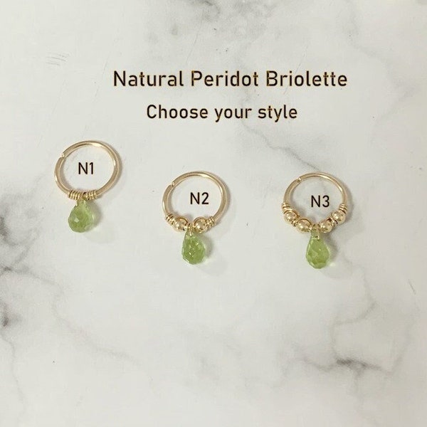 Natural Peridot Briolette 14G 16G 18G 20G Gold Peridot Helix Hoop- Septum Ring-Silver Nose-Tragus- Daith- Conch Piercing-August's Birthstone