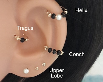 Gold Onyx Pearl Cartilage Earring,Bohemian Helix Piercing,July's Birthstone,Gift