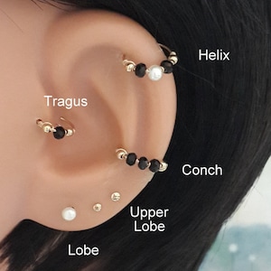 16g 18g 20g 22g 24g oro natural ónix negro y plata perla blanca pendiente de cartílago, perforación de hélice, joyería boho, piedra de nacimiento de julio, idea de regalo